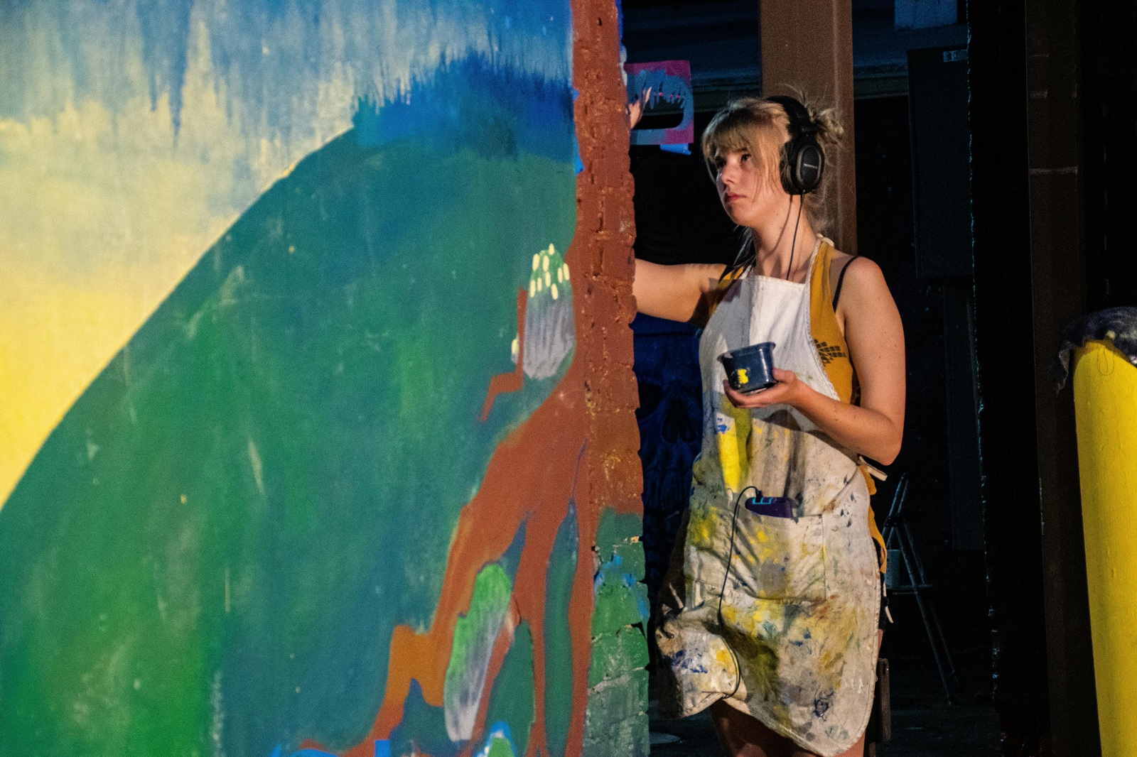 Geometric wood artwork in ambient interior lighting